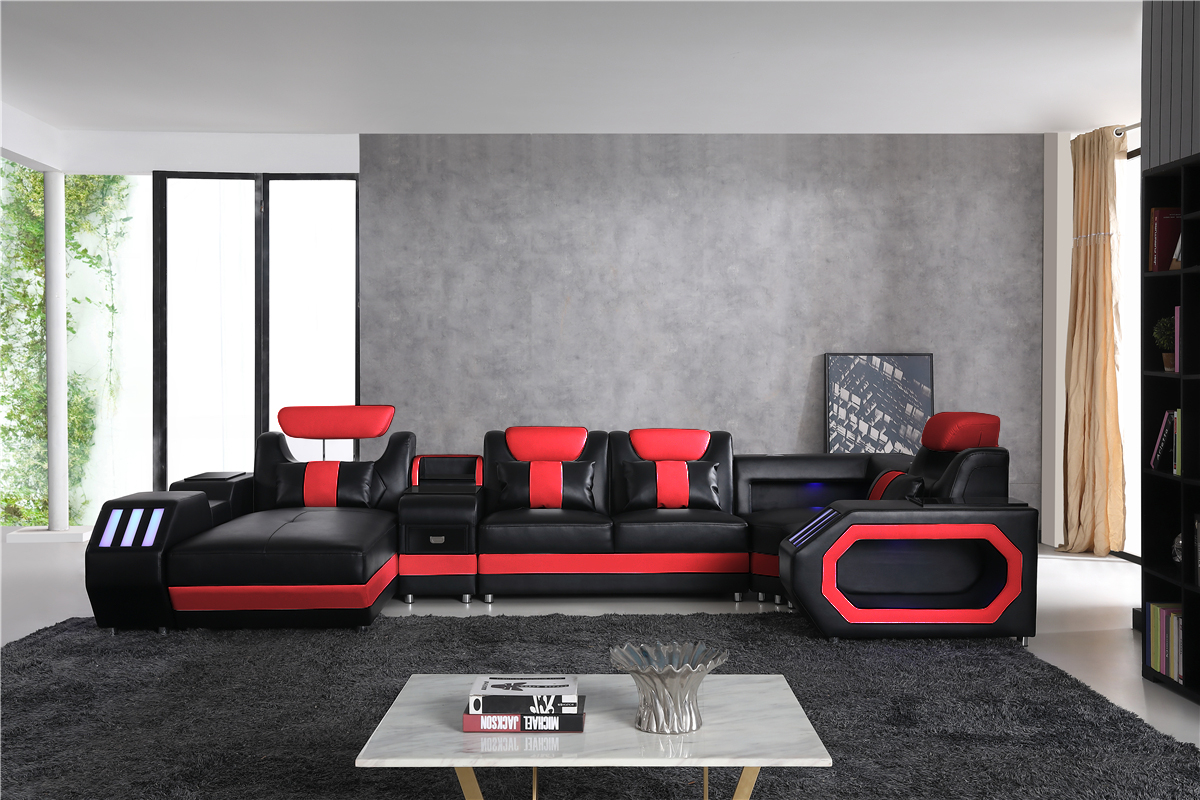 Galaxy Leather Sectional With Chaise Black Red Trim Matisseco