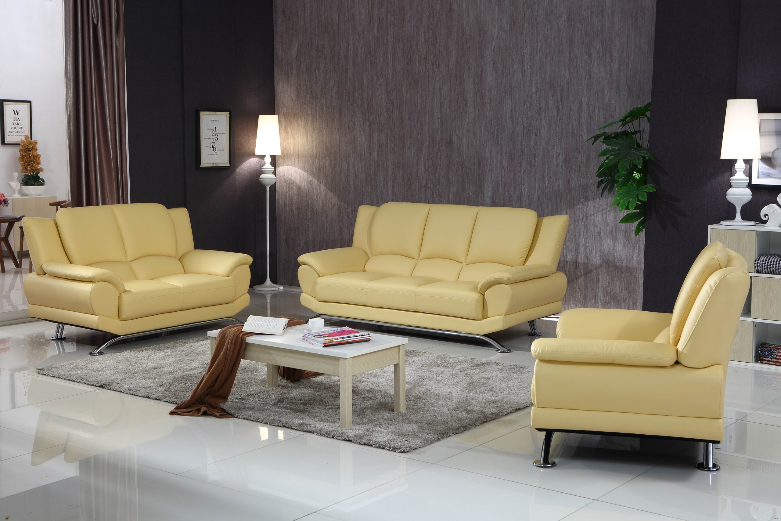 Milano Leather Sofa Set Soft Yellow